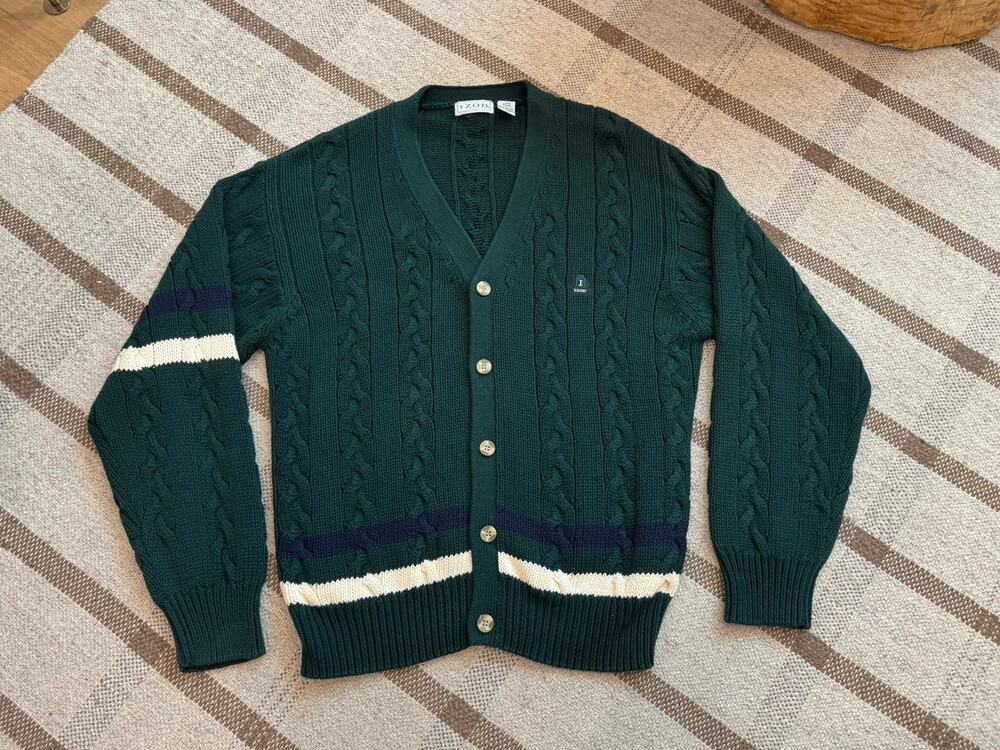 Vintage Izod Cable Knit Fisherman V Neck Cardigan Sweater Green Men’s Large Prep